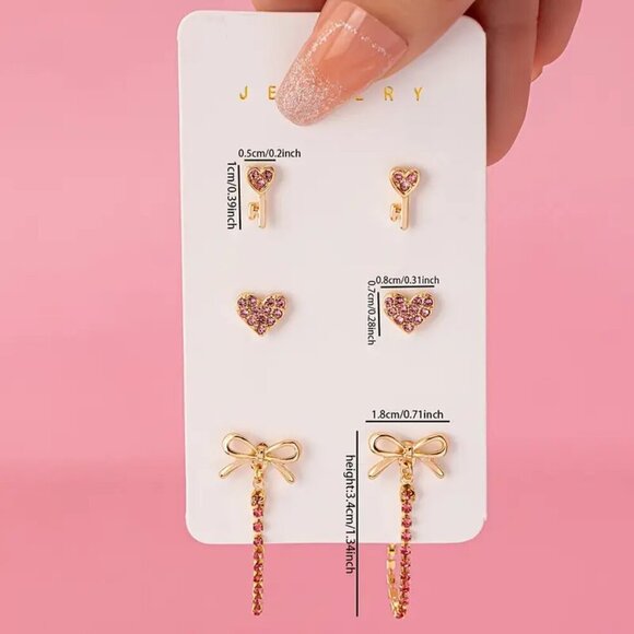 NEW 3 Pairs Pink & Gold Earrings, Key Heart Bow Hoop Jewelry Set, coquette bow - Picture 1 of 2